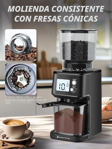 Homtone Electric Coffee Grinder with Conical Grinder - Coffee Mill with 51 Grinding Levels, Removable Holder, Container Included - For Espresso, Filter Coffee, Cold Brew (Nero)