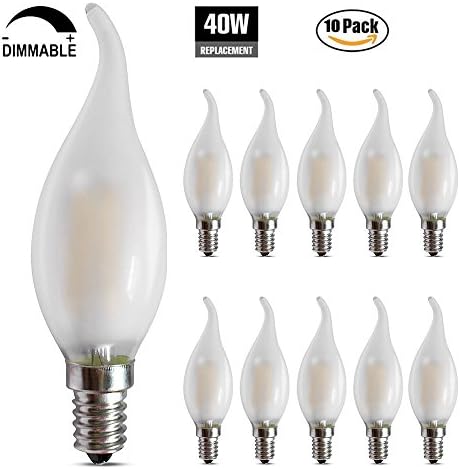 Frosted Dimmable LED Candelabra bulbs, 4W 2700K E12 Base LED Filament Chandelier Light Bulbs 40W Equivalent, Warm White,360° Beam Angle, Flame Tip, Vintage Decorative Candle Light Bulb,10 Pack