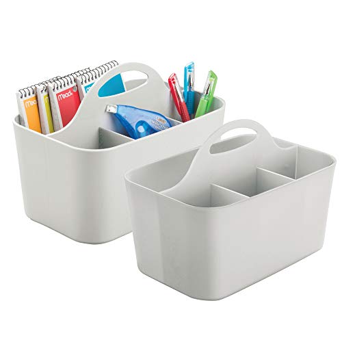 mDesign Office Supplies Desk Organizer Tote for Scissors, Pens, Pencils, Notepads - Pack of 2, Small, Gray