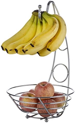 ExzactFruit Basket Fruit Bowl with Banana Hook 43cm Tall, Wired Fruit Rack/Banna Stand Hanger - Silvery Chrome Finish