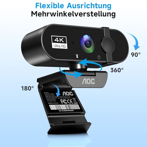 AOC Webcam 4K Ultra HD, Webcam with Microphone & Lens Cover, PC Camera Plug & Play, 99° View, Auto Focus, Web Cam Compatible with Zoom/Teams/Skype, for Home Office, Streaming, FaceTime, Black