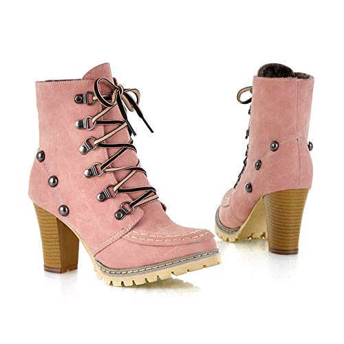 Teresamoon Women‘s Leisure Rivets Shoes Non-Slip Lace-Up High Heel Short Tube Boots (Pink/39) - Thumbnail 5