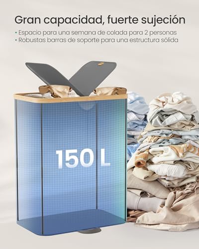 Cesto Ropa Sucia de 2 Compartimentos, Cesta de Colada, 150 L, Clasificador con Tapa, Bolsas de Ropa Extraíbles, para Lavadero, Dormitorio, Salón, Gris Pizarra y Beige Natural LCB523G01