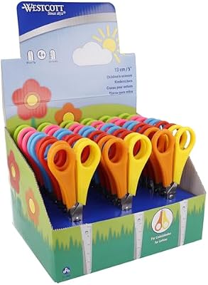 Kinderschere 30 Stück in Displaybox | Schere mit integrierter 5 cm Skala | Bastelschere 13 cm (5") ideal für Kinderhände | Sicherheit durch abgerundete Spitze | E-2150S