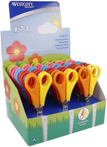 Kinderschere 30 Stück in Displaybox | Schere mit integrierter 5 cm Skala | Bastelschere 13 cm (5") ideal für Kinderhände | Sicherheit durch abgerundete Spitze | E-2150S