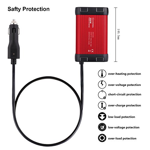 COOSA 300W USB C Car Power Inverter DC 12V to 110V AC Vehicle Power Converter with 4.8A Dual USB A Charging Ports Car Adapter (Black red)