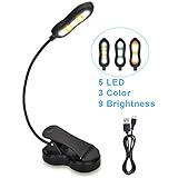 Rechargeable Book Light, 5 LED Clip on Reading Light for Book in Bed, 3 Color × 3 Brightness, Up to 60 Hours Eye Care Reading, Warm & White, Perfect for Kids, Bed Headboard & Travel