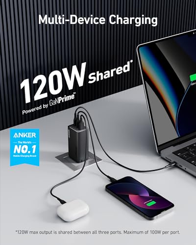 Anker 737 GaNPrime, 120W USB C Charger, PPS 3-Port Fast Compact Foldable Wall Charger for MacBook Pro/Air, iPad Pro, iPhone 16/Pro, Galaxy S22/S21, Dell XPS 13, Note 20/10+, and More Devices