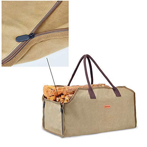 Waxed Canvas Firewood Log Carrier Horse Feeding Tote Wood Carrying Bag Woodpile Fireplace/Camp/Stove/Cabin Durable Heavy Duty Handle - Washed/Resistance soiling Outdoor Indoor(Large Wood Bag-Zipper)
