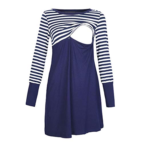 Women Striped Patchwork Nursing Midi Dress,Crytech Maternity Double Layer Round Neck Side Ruched Pregnancy Sleepwear Nightgown for Breastfeeding Convertible Hospital Delivery Gown (Small, Navy)