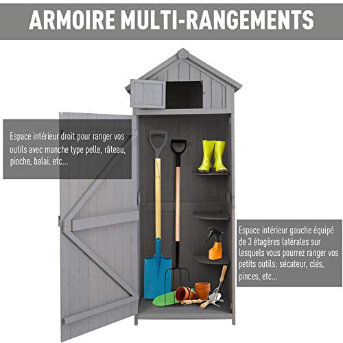 Outsunny Armoire abri de Jardin Remise pour Outils 3 étagères 2 Porte loquets Toit Pente bitumé 77L x 54l x 179H cm pin Massif traité Gris