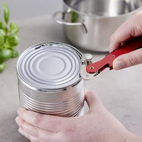 Abrelatas de palanca "Columbus" – abrelatas estrecho con abrebotellas óptimo para abrir latas y botellas – rojo, 1025227R