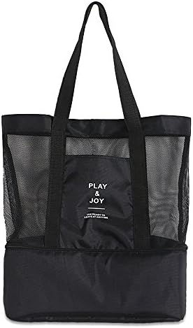 Q Dream Mesh Beach Tote Bag with Cooler Insulated Picnic Waterproof Zipper Sports Carry Organizer Shoulder Bag for Women Travel Handbag(Black)