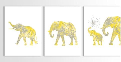Elephant Family, Elephant Nursery Decor, Gray And Yellow, Set of Three Limited Edition Watercolor Art Prints