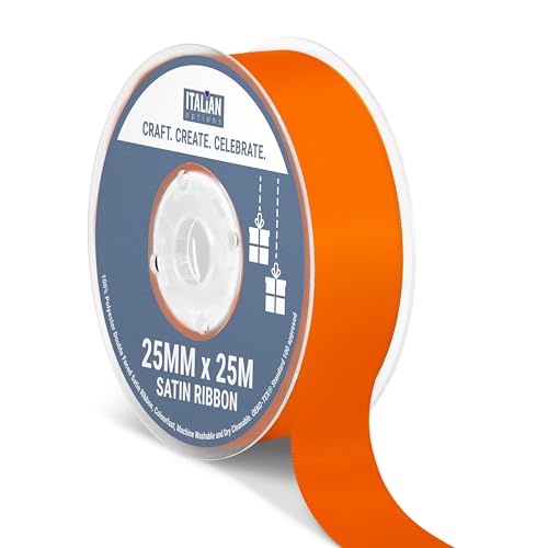 Italian Options Satin Ribbon, Fabric Ribbons for Gift Wrapping, Crafting, Balloons, Wedding Car, Presents, Cake, Christmas, Birthday, Gift Wrap Accessories, 25mm Wide x 25 Metre Roll, Orange