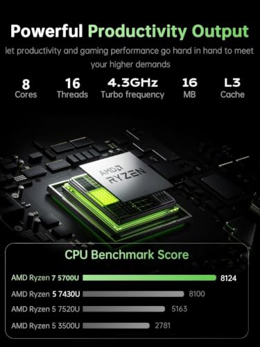Tivique 2026 15.6 Inch Laptop Gamer with Ryzen 7 5700U (up to 4.3GHz) 8C/16T, 16GB RAM DDR4*2 + 512GB SSD M.2, 1080 FHD, BT5.2, USB3.2, Type-C, HDMI, Fast 65W, WiFi 6