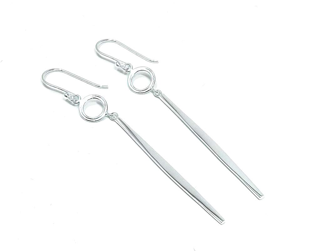 Ladies Silver Circle and Long Bar Hook-in Drop Dangle Earrings Elegant Minimalist Design 925 Sterling for Women with Gift Box