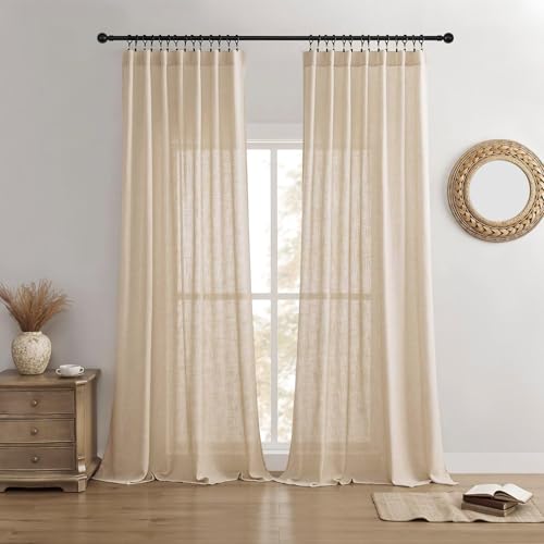 Joydeco Tende in lino per soggiorno, tende semi-velate lunghe 183 cm, set di 2 pannelli, tende beige plissettate e tende (larghezza 132 x lunghezza 183 cm, ecru)
