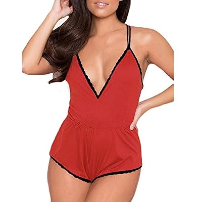 Cywulin Women's Sexy Lingerie One Piece Short Romper V Neck Teddy Babydoll Jumpsuit Pajamas Bodysuits Sleepwear Nightwear
