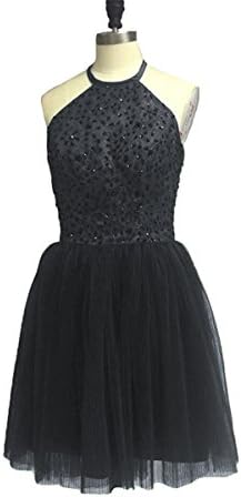 XPLE A Line Halter Keyhole Open Back Lace Tulle Short Black Homecoming Dress Prom Gown Party D15