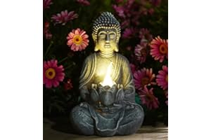 Goodeco Buddha Statue with Solar Lotus - Garden Yoga Statues with LED Solar Lotus Lights, Sitting Meditating Buddha Serene Resin Figurine for Patio Yard Lawn Ornaments,Home or Outside