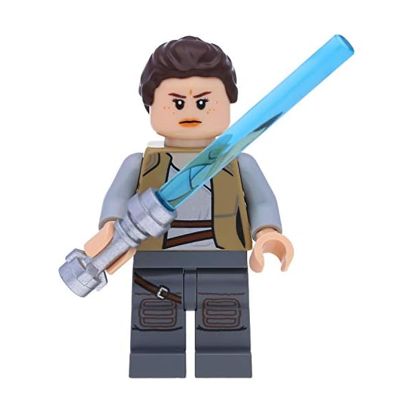 LEGO Star Wars Minifigur: Jedi Rey Skywalker in dunkelbeiger Jacke mit Laserschwertern