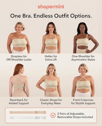 SHAPERMINT Strapless Bra, Wireless Non-Slip Bandeau, Convertible Straps, Molded Strapless Bras for Women S to Large Breasts