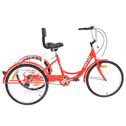 YiiYYaa Adult Tricycle Trike Cruise Bike, 24 Inch Wheel Single Speed 3 Wheeled Bicycle with Large Size Basket for Recreation, Shopping, Exercise (Red)