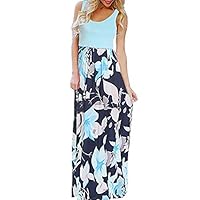Womens Long Maxi Dress, Striped Straight Sleeveless/Long Sleeve Tank Party Floral Casual Summer Party Dress (L, Blue A)