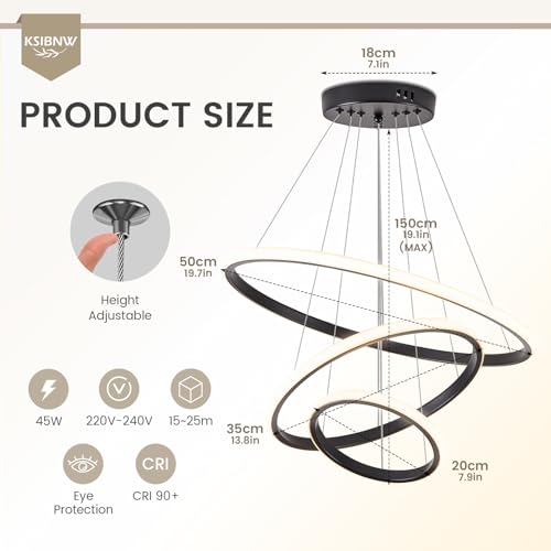 KSIBNW Chandelier LED Chandelier, Modern Chandelier Living Room Dimmable 2700K-6500K Pendant Lamp with Remote Control & APP Control 3 Rings White Hanging Lights Adjustable