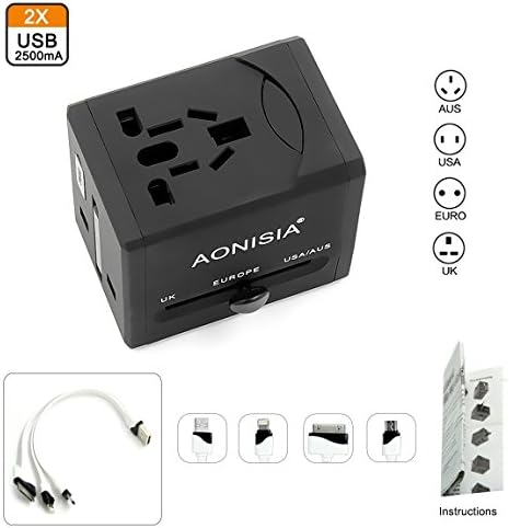 International Travel Charger Adapter with UK, USA, AU, Europe Plugs-Universal All in One Charger Converter with Dual USB Charging Ports for Phone/Desktop/Laptop/Touch Screen-Black by Aonisia