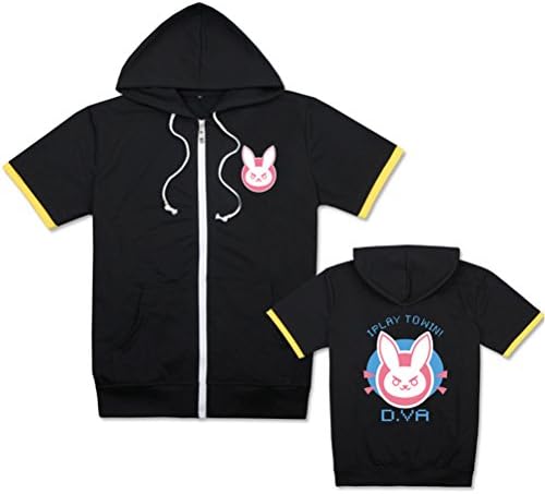 Adult Unisex Overwatch Game Anime Short-Sleeved Cotton Zipper Hoodie T-shirt Black Dva Yellow XL