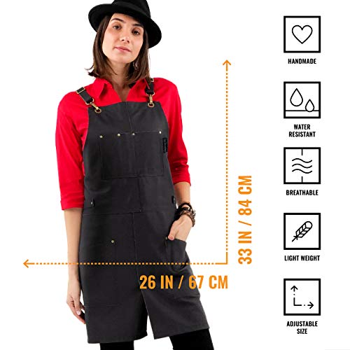 Under NY Sky Real Leather Apron - Black Leather Body, Pockets and Crossback Straps - Split-Leg, Lined - Adjustable for Men and Women - Pro Chef, Barista, Barber, Woodworker, Shop, Bartender, Maker