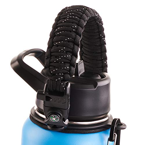 WaterFit Paracord Handle for Hydro Flask Wide Mouth Water Bottle - Improved Design Survival Strap Cord for Hydroflask with Safety Ring and Carabiner - Fits 12oz - 64oz Sports Water Bottle