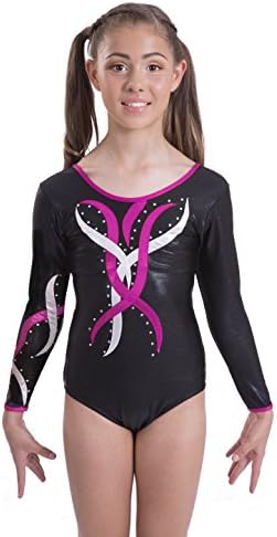 Direct Dancer Deluxe Edition: Girls Sleeved Gymnastic Leotard Black with Pink and Silver Flame (9-11 Years)