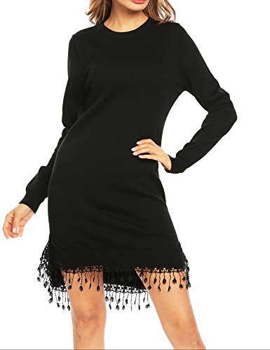 Zeagoo Women's Crewneck Long Sleeve Loose Fit Pullover Knit Sweater Dress with Lace Tassel Hem (Black-2,Small)