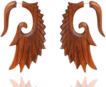 Ethnic Arts India Tibetan Brown Wooden Tribal Wings Design Fake Guage Wood Earring WER094