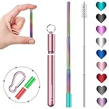 Sunnywoo Collapsible Reusable Straws,Portable Stainless Steel Metal Drinking Foldable Straw with Rose Gold Travel Case & Cleaning Brush & Keychain & Silicon Tips for Adults and Kids (Rainbow Straw)