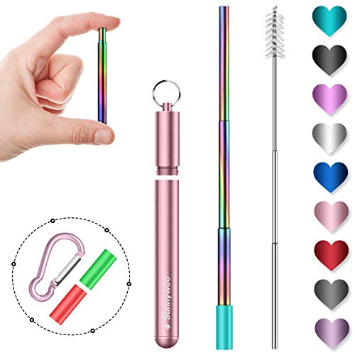 Sunnywoo Collapsible Reusable Straws,Portable Stainless Steel Metal Drinking Foldable Straw with Rose Gold Travel Case & Cleaning Brush & Keychain & Silicon Tips for Adults and Kids (Rainbow Straw)