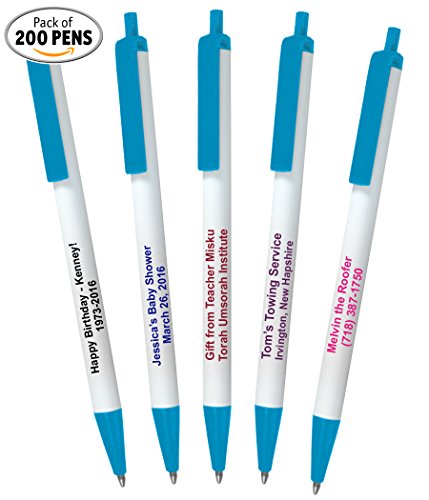 USA Made, Personalized Writing Ink Ballpoint Novelty Pens, Custom Printed with Your Logo &amp; Text (Pack of 200 White Pens with Light Blue Trim)
