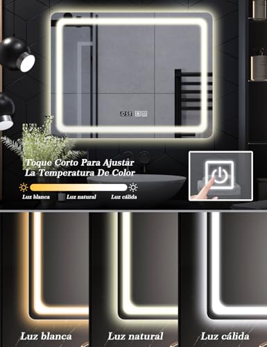 SAGIWO Espejo de Baño LED Cuadrado de 90 * 70 cm, Espejo Inteligente para Baño Antivaho con Luz Ajustable,Iluminado en 3 Colores con Espejo de Pared Horizontal,Botones Táctiles