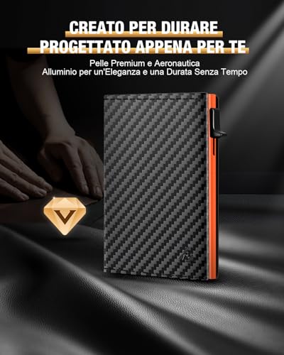 Small Man Credit Card Holder, Slim Men's Wallet with Magnetic Closure and ID Window, Pop-up Leather Card Holder for 11 Cards, Card Holder with Coin and Banknotes, Black and Orange