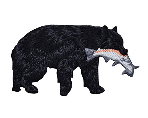 Black Bear Catching Fish Iron on Embroidered Patch