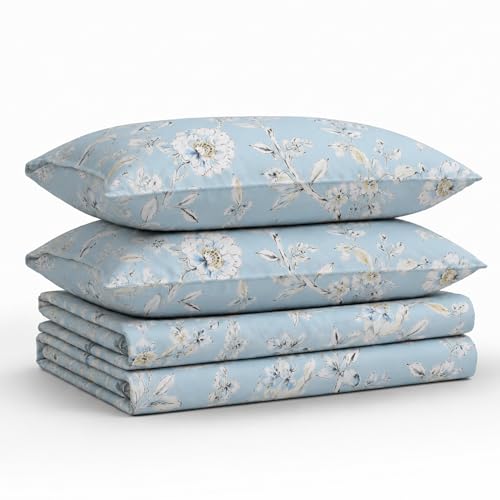 Tribeca Living Soft Cotton Sateen Floral Print, Extra Deep Pocket, 300 Thread Count, 4-Piece Bed Sheet Set, California King, Colmar Navy Blue/Multi