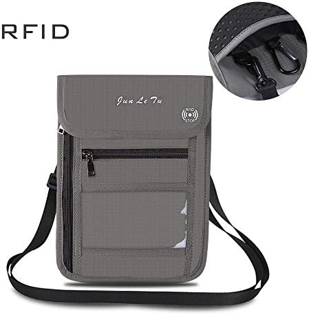 ROOSALANCETravel Neck Pouch Neck Stash Wallet with RFID Blocking Premium Family Passport Holder Travel Document Organizer Pouch Keep Your Cash and Documents Safe for Men and Women (Grey)