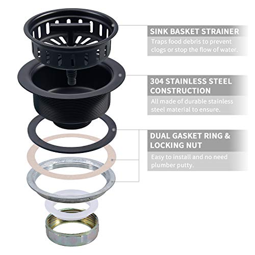 KONE Black Kitchen Sink Drain Matte Black Sink Strainer 31/2 Inch