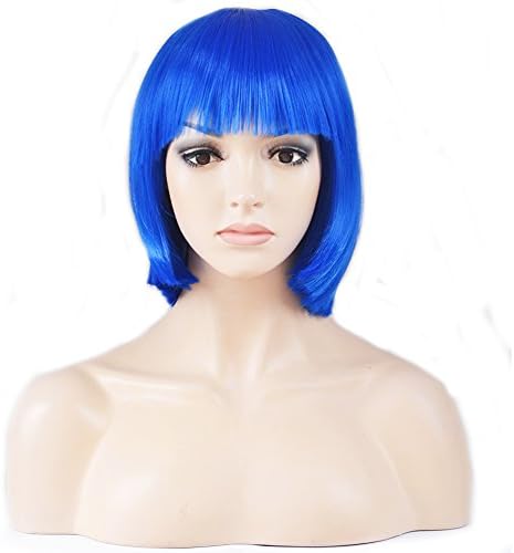 Women Girls Heat Resistant Synthetic Short Bobo straight Wigs with Tangs Cosplay Party (Blue) +Wig Cap+Eyelash