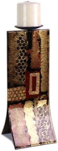 Cressida Glassware Signature Handpainted Fused Glass-Pieces Machinery Series Gold Leaf, Red, Deep Brown 14-Inch by 5-Inch Single Candle Fused Glass Candleholder