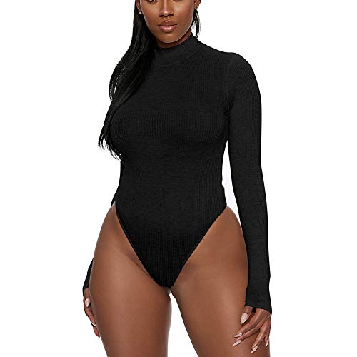 Antopmen Women Sexy Basic Knit Stretchy Turtleneck Long Sleeve Bodycon Thong Bodysuit Tops Leotard (X-Large, Black)