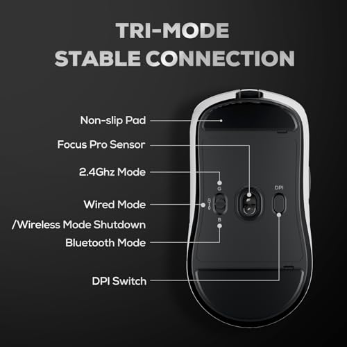 RK Royal Kludge M3 Wireless Gaming Mouse Ultralight 47g, PAW3950 Sensor 42000 DPI, 8K Wireless Mouse BT/2.4G/USB, 5 Programmable Buttons, Ergonomic Design, 650mAh Battery for PC/Consoles, White